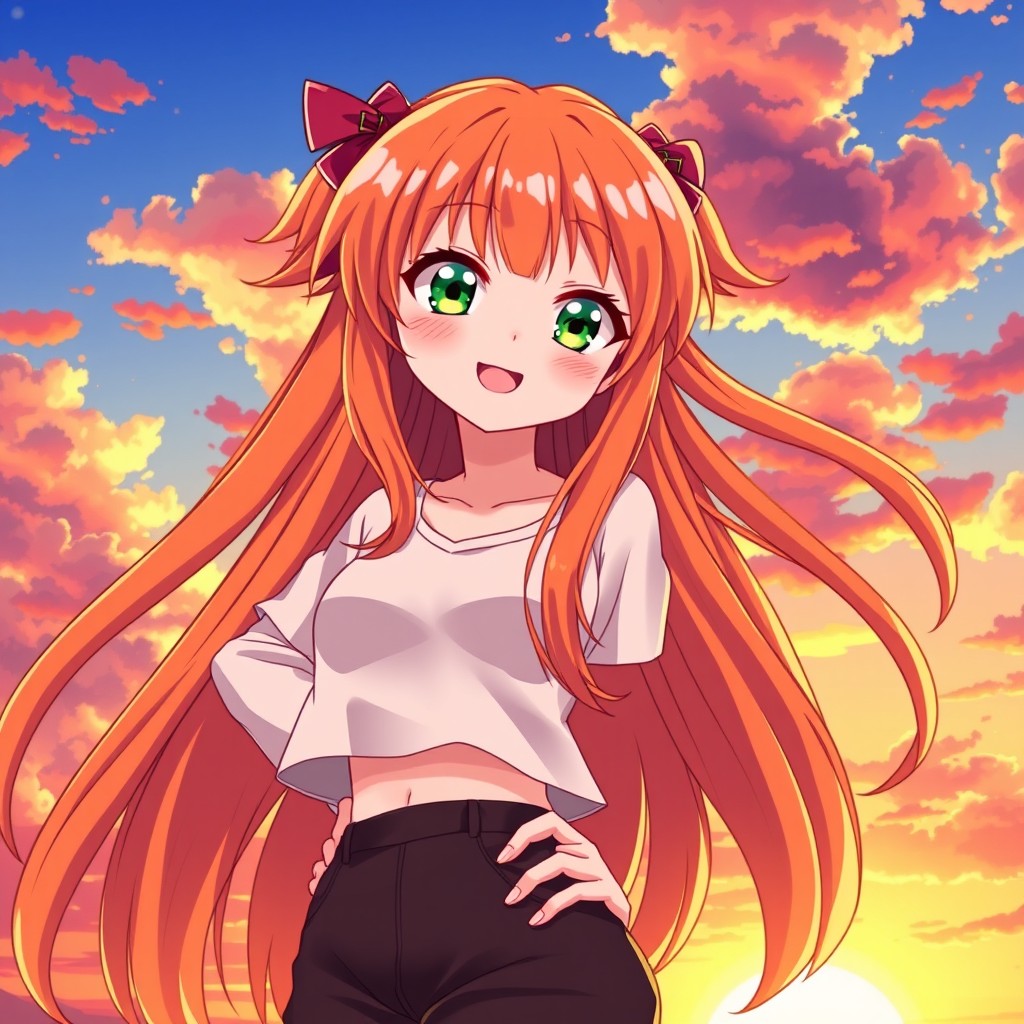A vibrant anime girl with long, flowing orange hair, wearing a stylish outfit