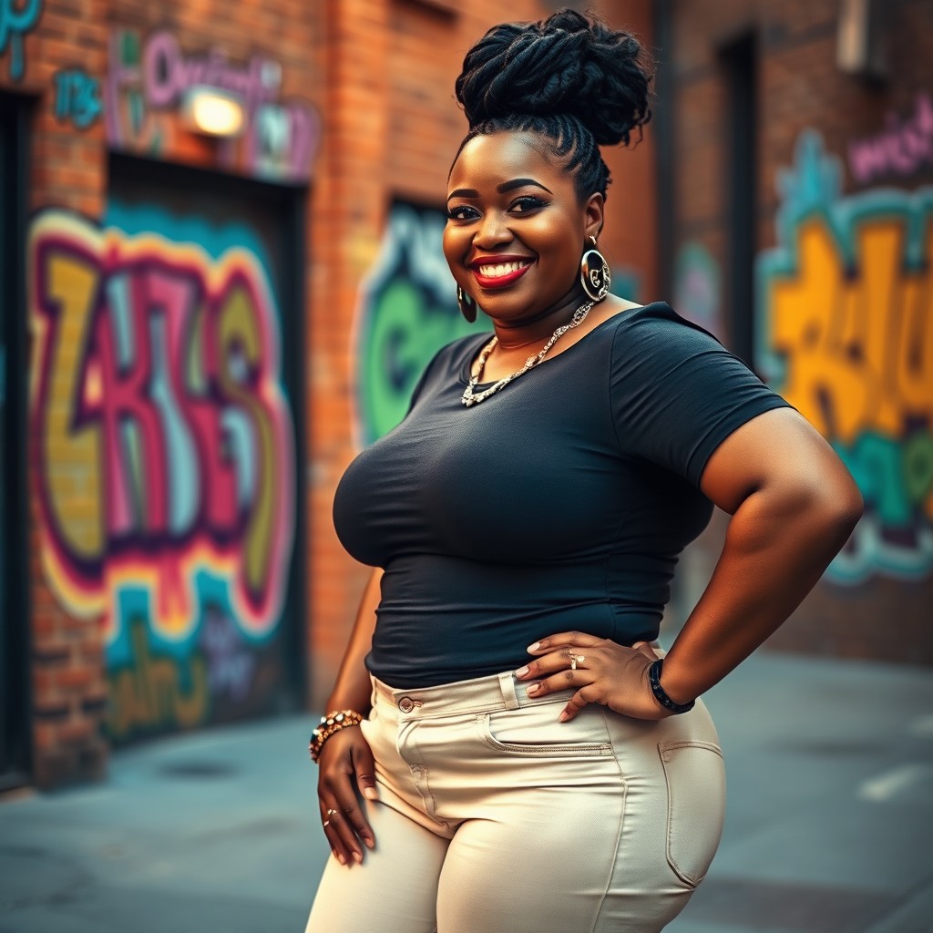A confident and stylish fat black woman wearing very tight clothes that accentuate her curves, standing proudly in an urban environment