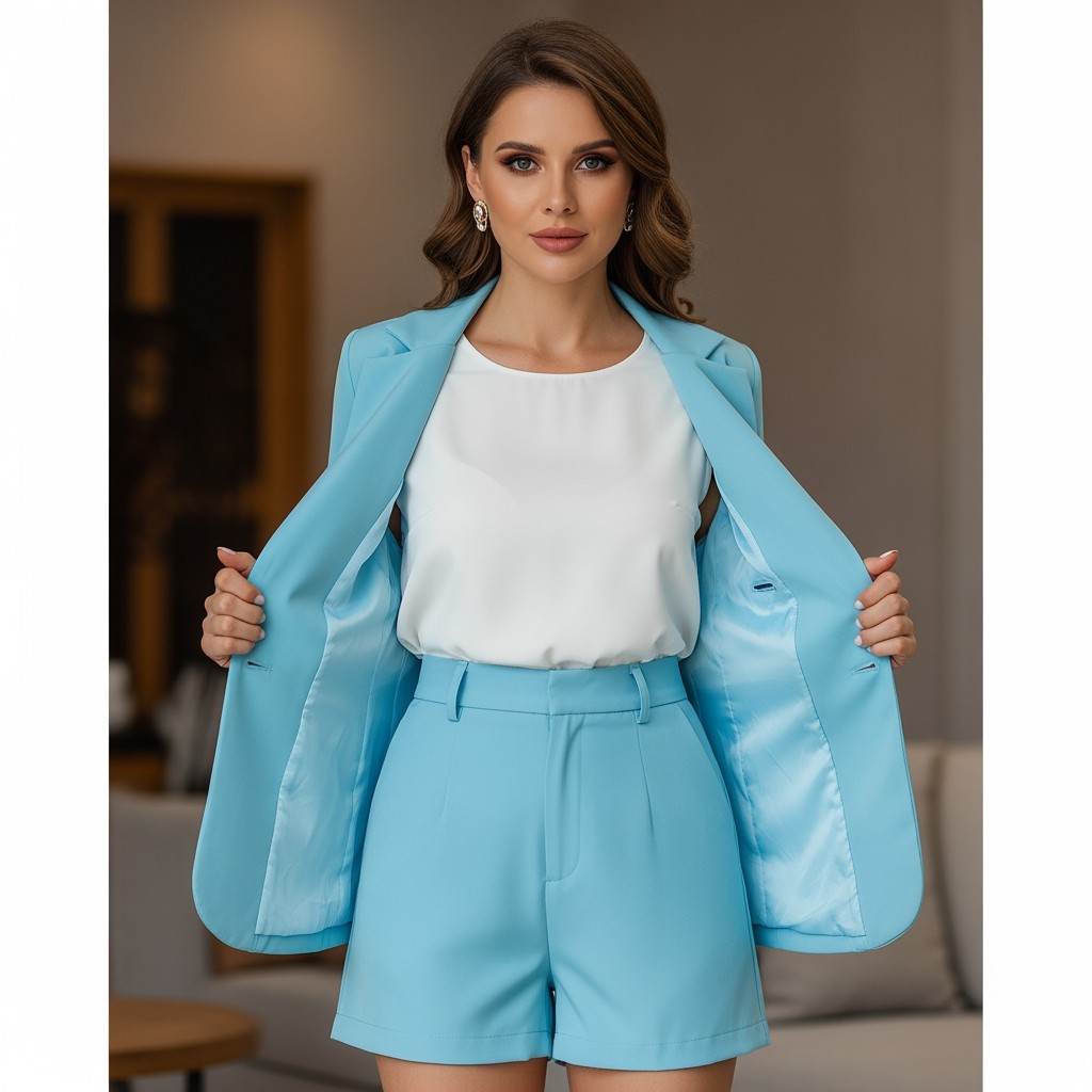 A woman wearing a light blue blazer jacket, a white top, and shorts