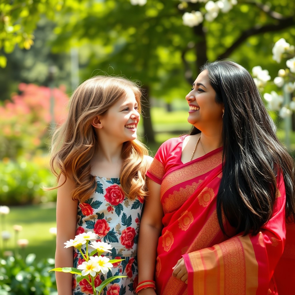 A heartwarming scene featuring a young white girl and an Indian woman, both laughing and enjoying a sunny day together