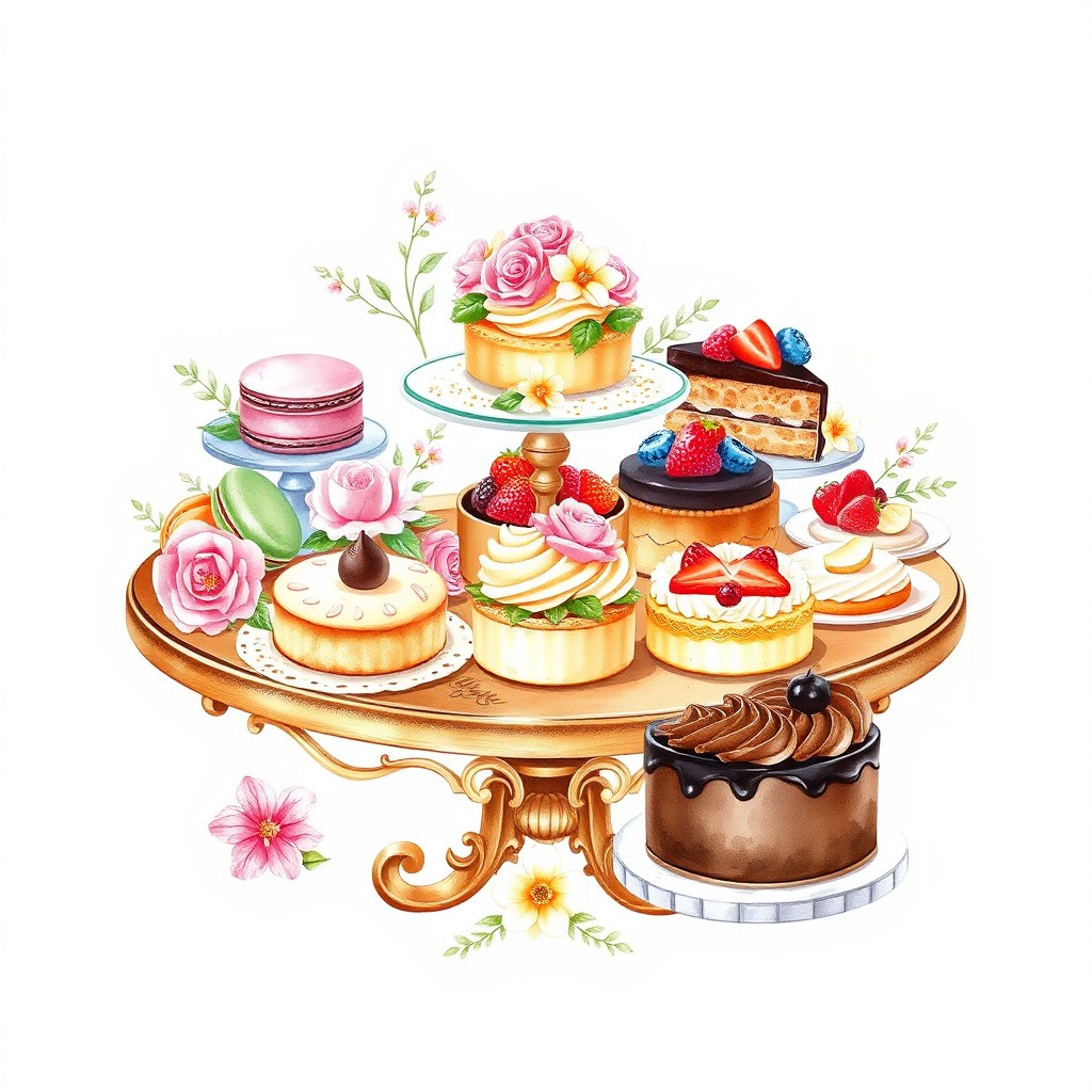 A beautiful watercolor painting featuring an exquisite dessert display for a bakery logo