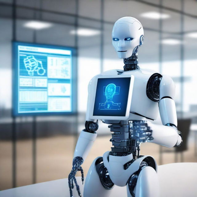 A humanoid robot in a modern corporate office, holding a blueprint titled 'New Call for Tender Module', with a BPM software interface displayed on a futuristic transparent screen nearby.