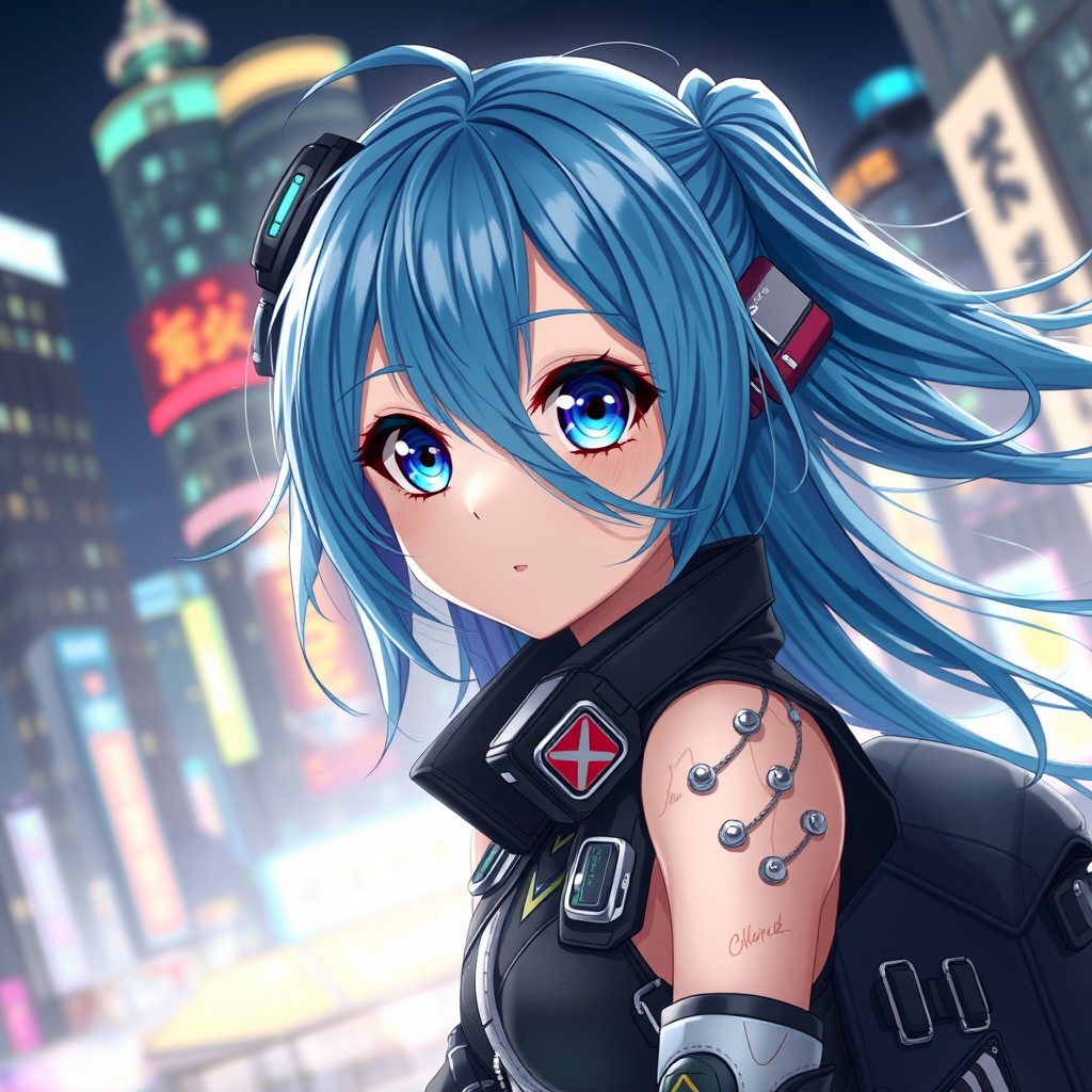 A breathtaking digital art piece featuring a blue-haired anime girl with striking large eyes and an expressive face