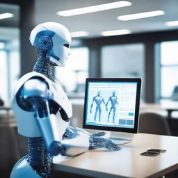 A humanoid robot in a modern corporate office, holding a blueprint titled 'New Call for Tender Module', with a BPM software interface displayed on a futuristic transparent screen nearby.