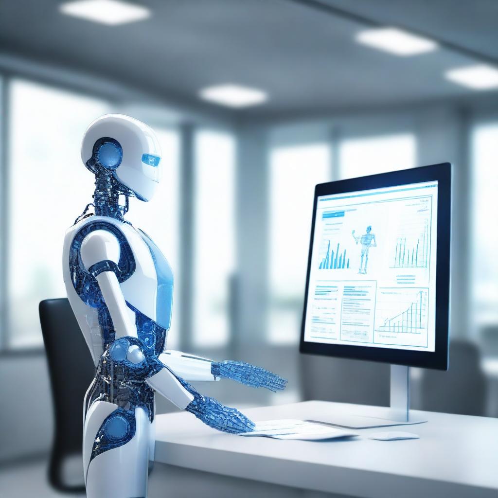 A humanoid robot in a modern corporate office, holding a blueprint titled 'New Call for Tender Module', with a BPM software interface displayed on a futuristic transparent screen nearby.