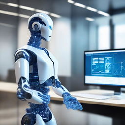 A humanoid robot in a modern corporate office, holding a blueprint titled 'New Call for Tender Module', with a BPM software interface displayed on a futuristic transparent screen nearby.