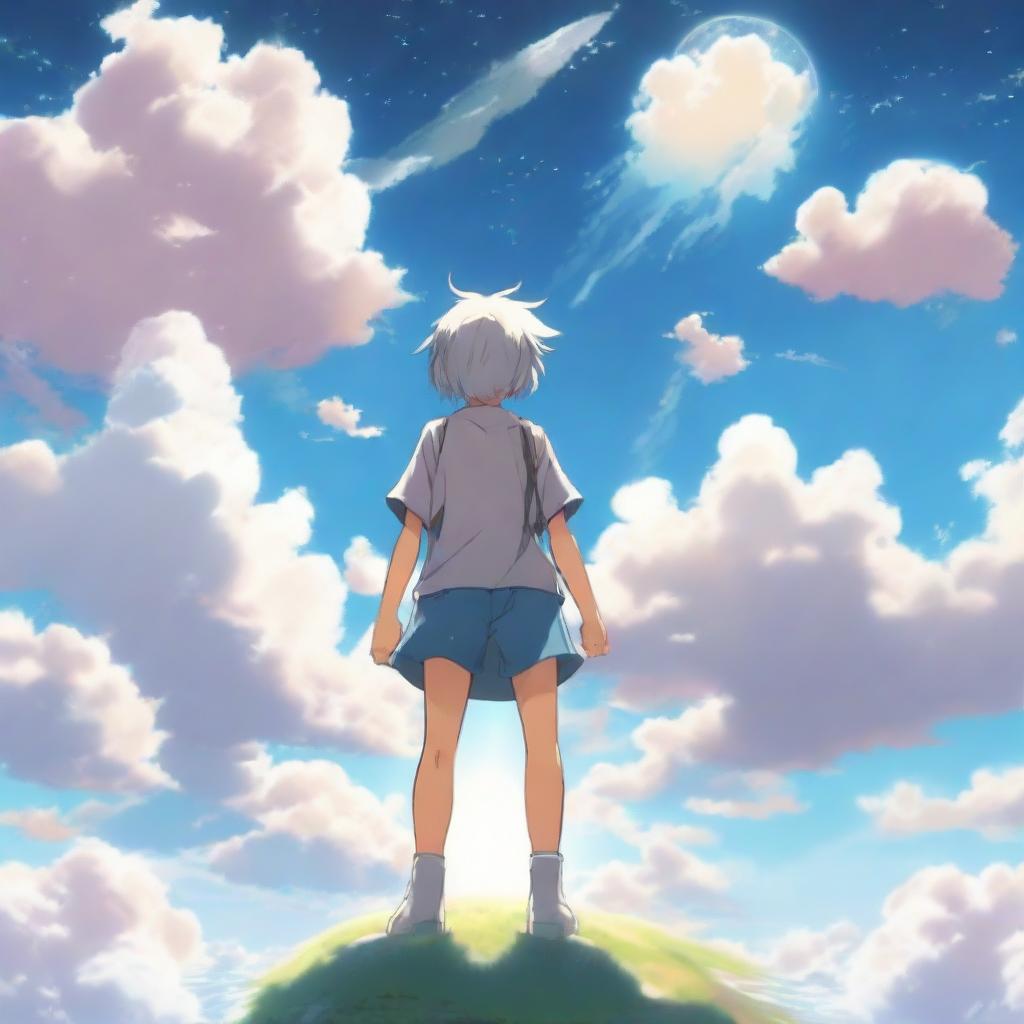 A back view of a cute anime teenager standing in a picturesque heaven featuring fluffy cotton-like clouds and other celestial marvels.