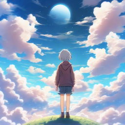 A back view of a cute anime teenager standing in a picturesque heaven featuring fluffy cotton-like clouds and other celestial marvels.