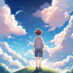 A back view of a cute anime teenager standing in a picturesque heaven featuring fluffy cotton-like clouds and other celestial marvels.