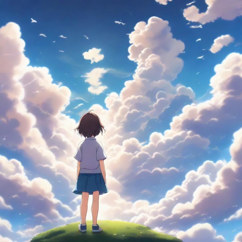 A back view of a cute anime teenager standing in a picturesque heaven featuring fluffy cotton-like clouds and other celestial marvels.