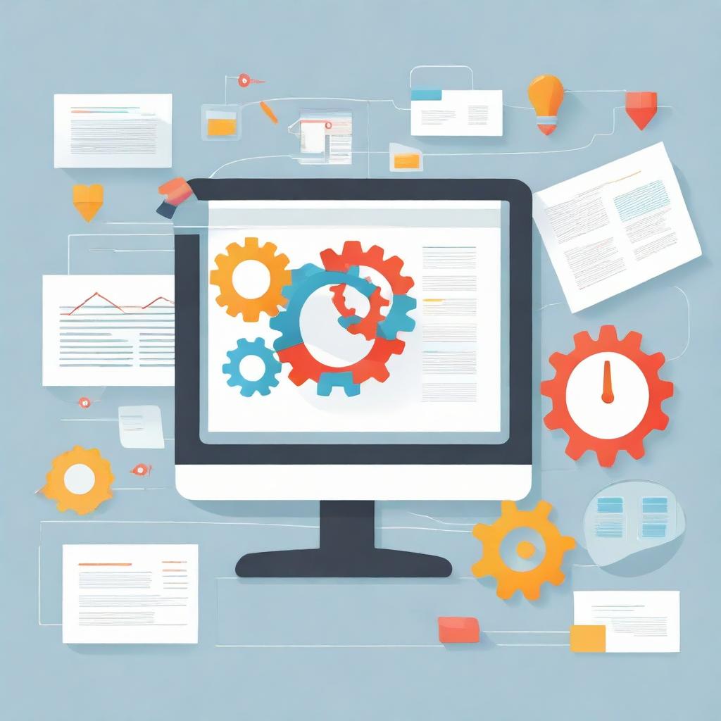 A modern and innovative illustration featuring a Business Process Management system with a newly launched module for call for tender management. Include elements like digital flowcharts, modules, gears and technology interfaces.