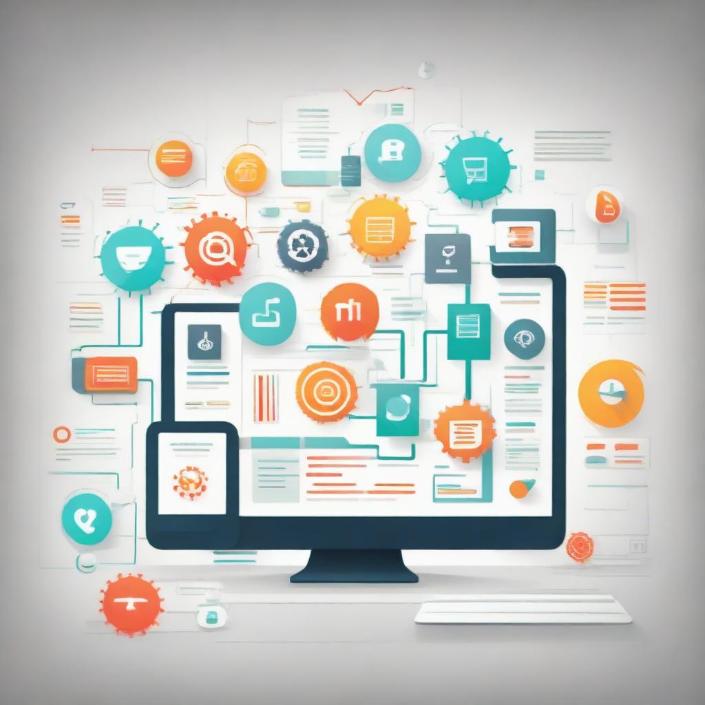 A modern and innovative illustration featuring a Business Process Management system with a newly launched module for call for tender management. Include elements like digital flowcharts, modules, gears and technology interfaces.