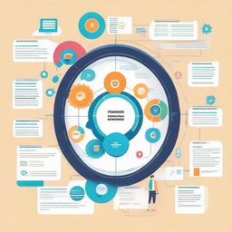 A modern and innovative illustration featuring a Business Process Management system with a newly launched module for call for tender management. Include elements like digital flowcharts, modules, gears and technology interfaces.