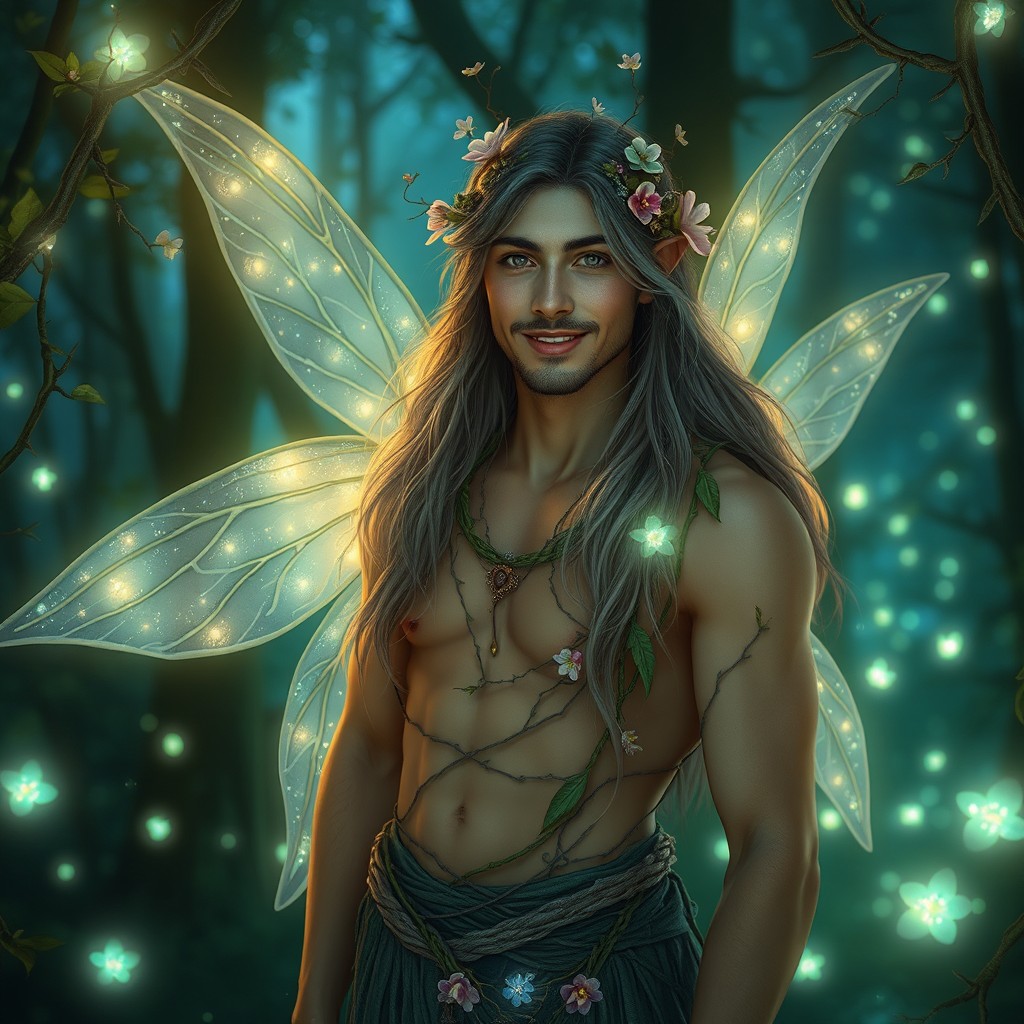 A mystical Fae man with delicate, luminescent wings and ethereal features, standing in an enchanting forest filled with bioluminescent flora