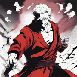 Ryomen Sukuna from Jujutsu Kaisen manga, illustrated in raw style, primarily using shades of red, black, and white, emphasizing his demonic energy.