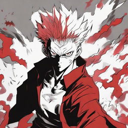 Ryomen Sukuna from Jujutsu Kaisen manga, illustrated in raw style, primarily using shades of red, black, and white, emphasizing his demonic energy.