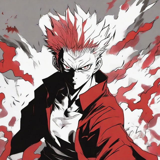 Ryomen Sukuna from Jujutsu Kaisen manga, illustrated in raw style, primarily using shades of red, black, and white, emphasizing his demonic energy.