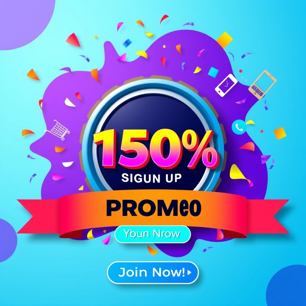 A vibrant and eye-catching advertisement for a 150% Sign Up Promo, featuring a bold and modern design