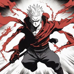 Ryomen Sukuna from Jujutsu Kaisen manga, illustrated in raw style, primarily using shades of red, black, and white, emphasizing his demonic energy.