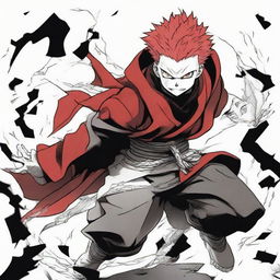 Ryomen Sukuna from Jujutsu Kaisen manga, illustrated in raw style, primarily using shades of red, black, and white, emphasizing his demonic energy.