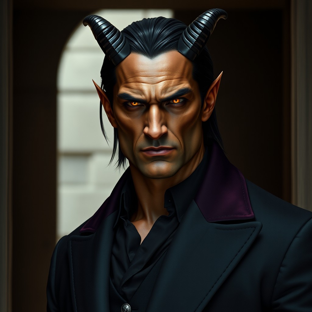 A tall, powerfully built demon male exuding ancient authority, with severe and architectural features including a sharp jaw and high cheekbones