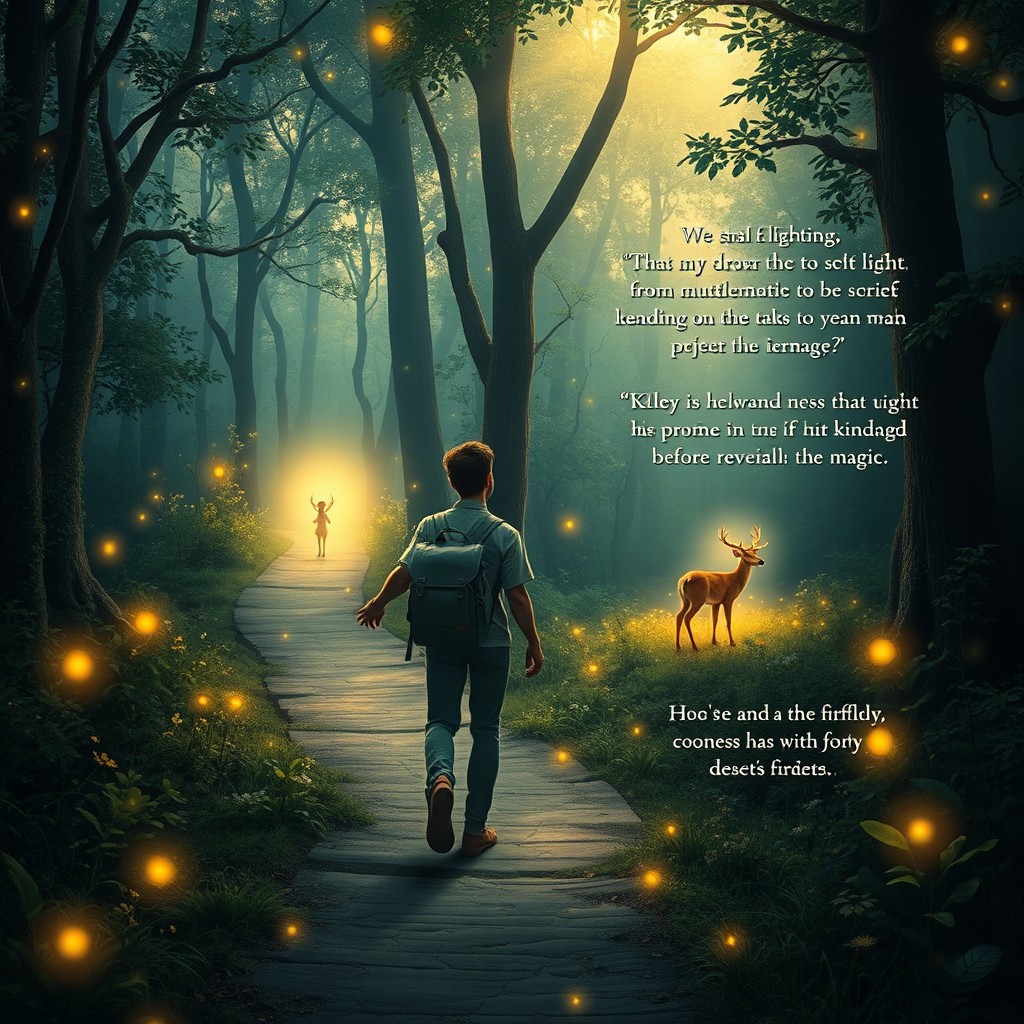 A scene depicting a mystical forest filled with soft glowing lights, showcasing a thoughtful man walking along a winding path with a backpack