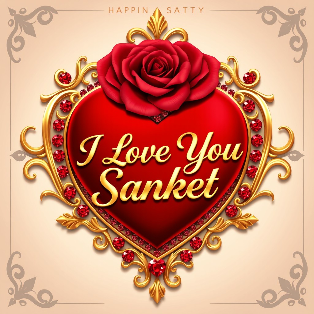 A luxurious digital illustration featuring an ornate heart-shaped design with an elaborate golden baroque frame adorned with intricate scrollwork and acanthus leaf flourishes