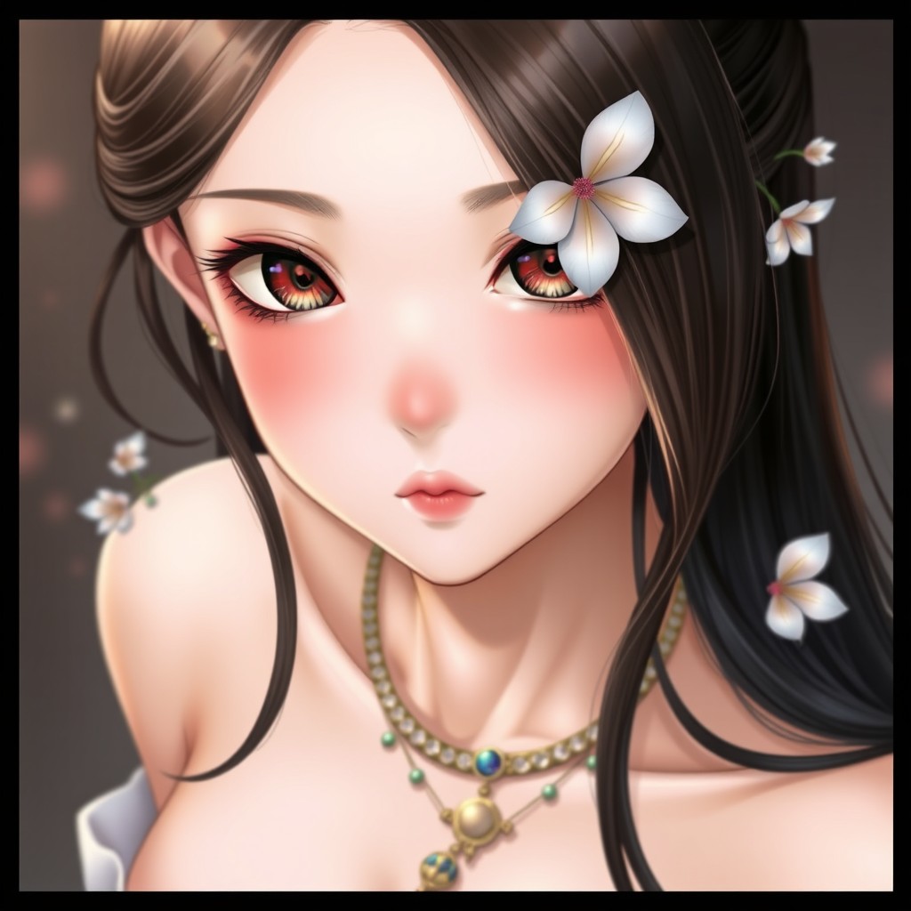 A beautiful and expressive girl with a perfect face, showcasing captivating eyes and wearing exquisite jewelry including a necklace