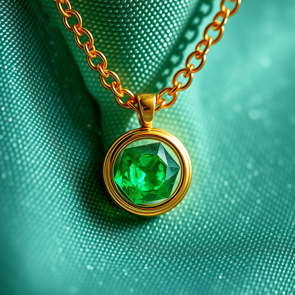 A close-up image of a gold necklace featuring a distinct 6-sided uncut emerald pendant set in an amulet