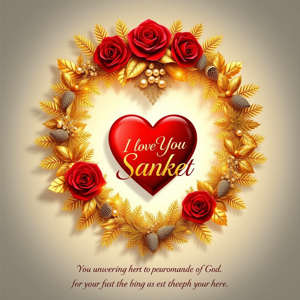 A luxurious and beautifully designed greeting card for encouragement and faith, featuring a magnificent gold heart-shaped wreath as the focal point