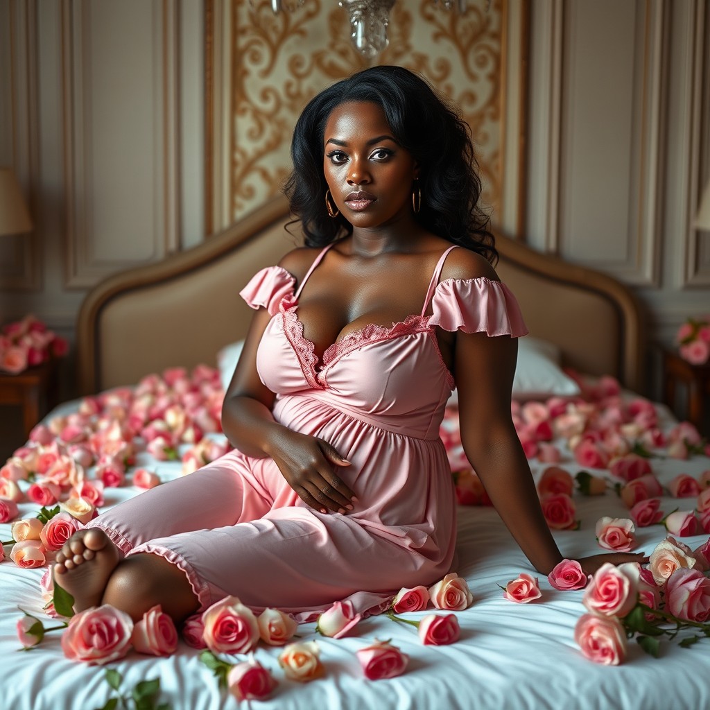 A light-skinned black woman with a voluptuous body, wearing a pink nightgown, sitting on a bed in a large room filled with roses all around, including on the bed, giving an intense gaze