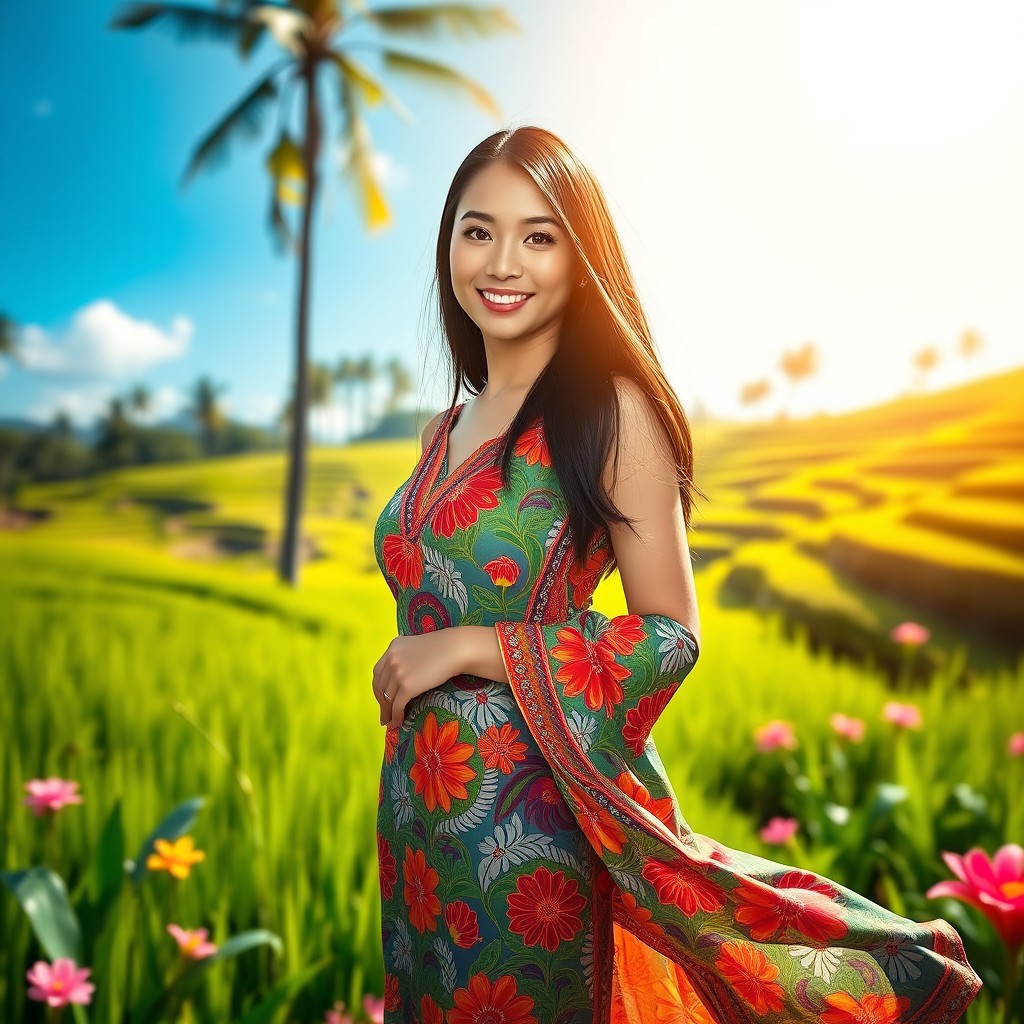 A beautiful Indonesian woman with long black hair and delicate features, wearing a traditional colorful Batik dress that elegantly flows around her
