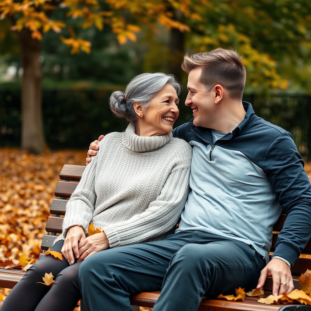 An affectionate couple representing different stages of life, with the woman being elderly with graying hair softly tied back, wearing a cozy knitted sweater, and the man appearing younger with a stylish haircut and casual attire