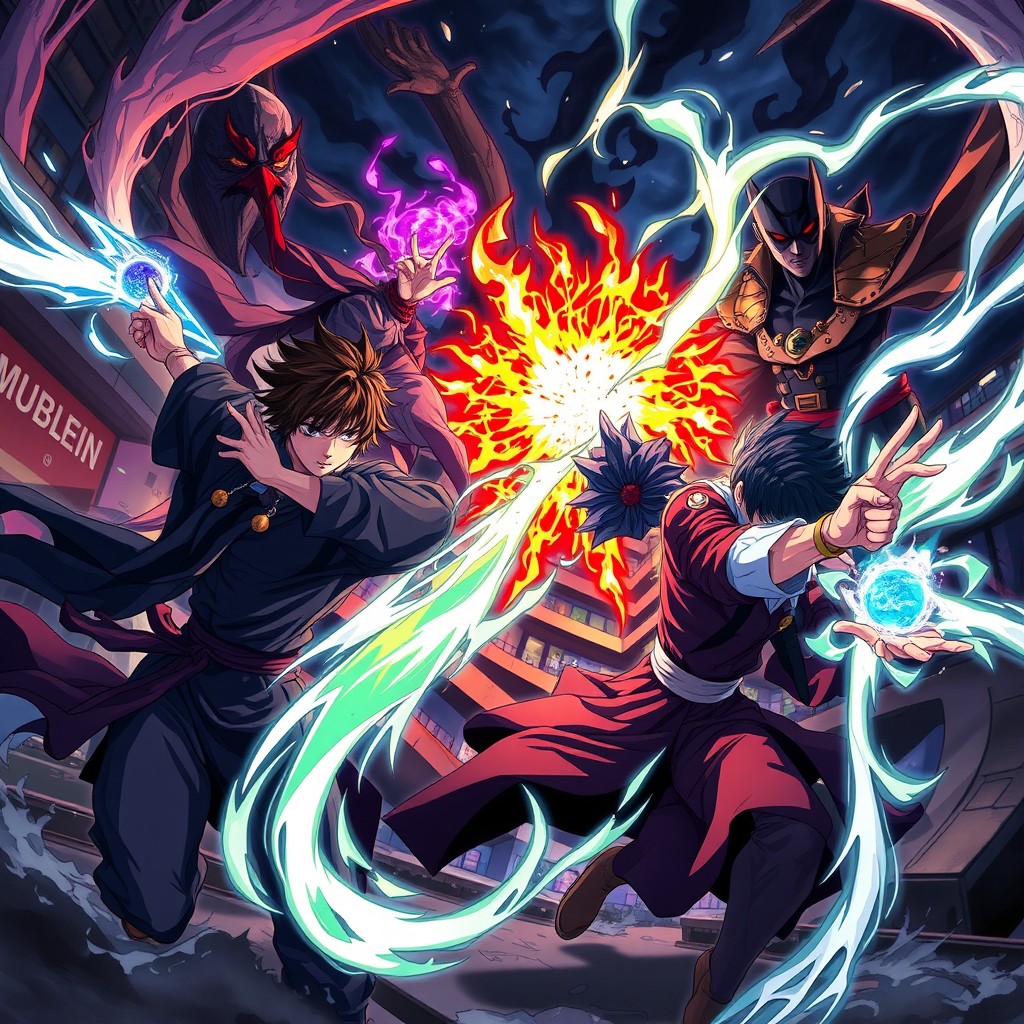 A dynamic and intense scene inspired by the aesthetics of 'Jujutsu Kaisen' (JJK), featuring sorcerers engaged in a fierce battle against malevolent curses