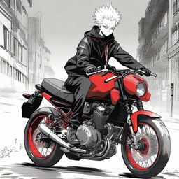 Ryomen Sukuna from Jujutsu Kaisen manga, depicted in a raw style with red, black, and white colors, sitting atop a Yamaha Exciter 155 VVA motorcycle.