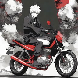 Ryomen Sukuna from Jujutsu Kaisen manga, depicted in a raw style with red, black, and white colors, sitting atop a Yamaha Exciter 155 VVA motorcycle.