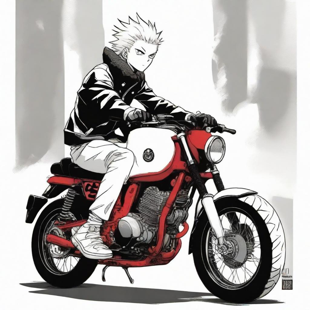 Ryomen Sukuna from Jujutsu Kaisen manga, depicted in a raw style with red, black, and white colors, sitting atop a Yamaha Exciter 155 VVA motorcycle.