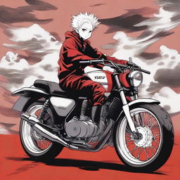 Ryomen Sukuna from Jujutsu Kaisen manga, depicted in a raw style with red, black, and white colors, sitting atop a Yamaha Exciter 155 VVA motorcycle.