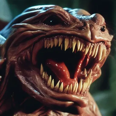 The horror movie featured a menacing creature with sharp, wedge-shaped teeth.