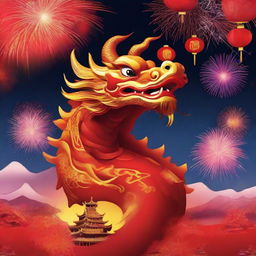 A vibrant scene celebrating the 2024 Chinese New Year, Year of the Dragon, featuring traditional Chinese decorations, fireworks illuminating the sky, and a majestic, brilliantly colored dragon symbol.