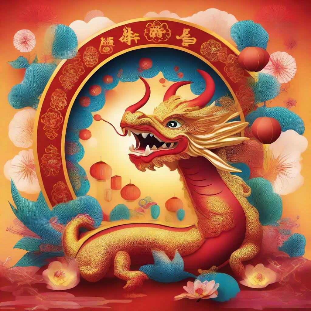 A vibrant scene celebrating the 2024 Chinese New Year, Year of the Dragon, featuring traditional Chinese decorations, fireworks illuminating the sky, and a majestic, brilliantly colored dragon symbol.