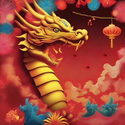 A vibrant scene celebrating the 2024 Chinese New Year, Year of the Dragon, featuring traditional Chinese decorations, fireworks illuminating the sky, and a majestic, brilliantly colored dragon symbol.