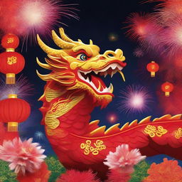 A vibrant scene celebrating the 2024 Chinese New Year, Year of the Dragon, featuring traditional Chinese decorations, fireworks illuminating the sky, and a majestic, brilliantly colored dragon symbol.