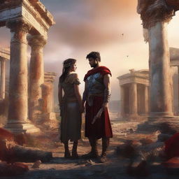 An exquisite digital art piece depicting a post-apocalyptic Roman setting