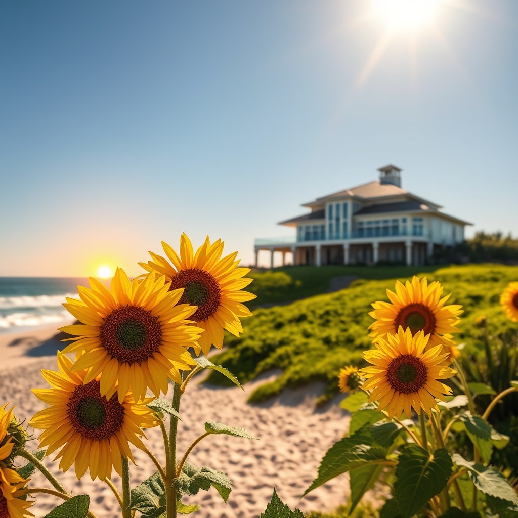 A stunning beach scene featuring a luxurious mansion elegantly positioned on a lush green hill overlooking the ocean