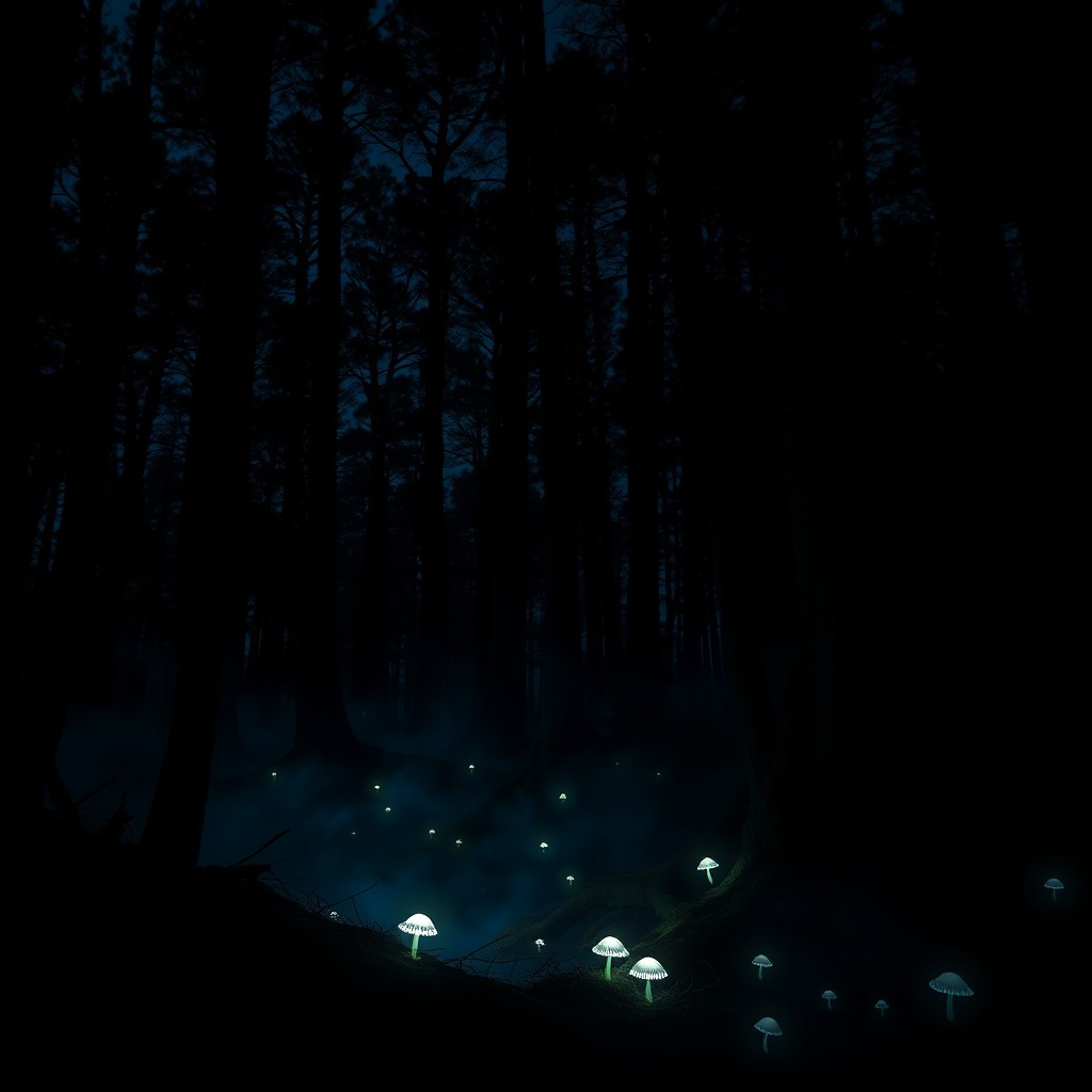 A moody, atmospheric scene set in a dense, dark forest at twilight