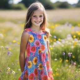 A young girl with lively eyes and a bright smile, wearing a colorful dress, standing in a sunlit meadow filled with wildflowers