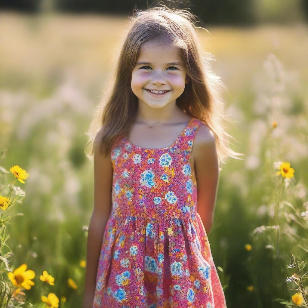 A young girl with lively eyes and a bright smile, wearing a colorful dress, standing in a sunlit meadow filled with wildflowers