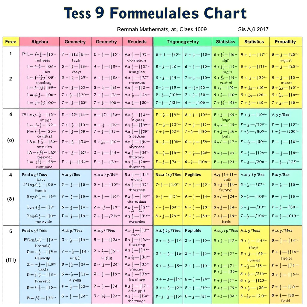 A detailed math formulae chart specifically for class 9 mathematics, including algebra, geometry, trigonometry, statistics, and probability