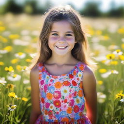 A young girl with lively eyes and a bright smile, wearing a colorful dress, standing in a sunlit meadow filled with wildflowers